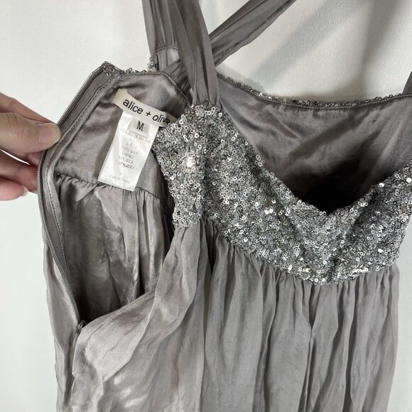 Alice‎ + Olivia Silk Dress Babydoll Sequin Bust  Gray Silver Fairy Glam Sz M - Picture 9 of 9